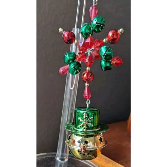 Pier 1 Jingle Bell Snowman Ornament Beaded Star Red Green Metal Christmas - Picture 4 of 8